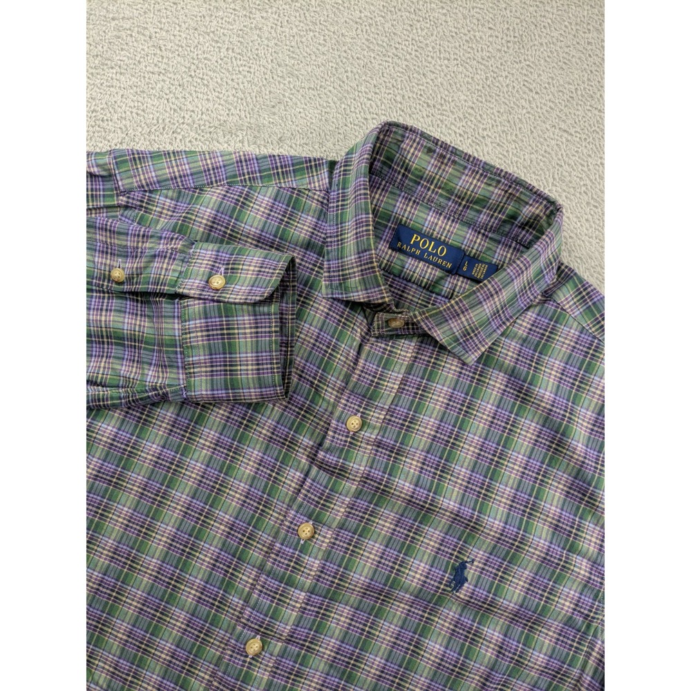 Polo Ralph Lauren Mens Large Purple Green Plaid Cotton Button Down Shirt LG
